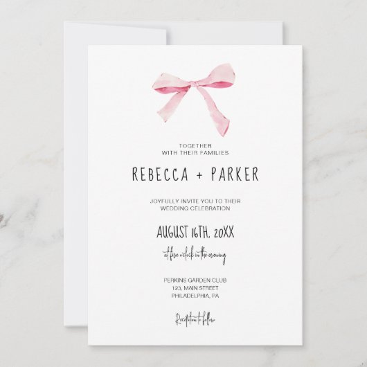 赤面ピンクボウ結婚フローラの写真とQrコード 招待状 (正面)