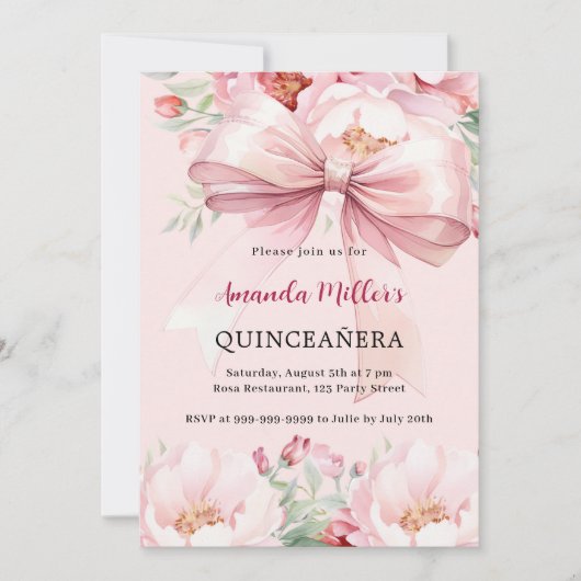赤面ピンクボウ花模様キンセアニェラ 招待状 (正面)