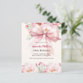 赤面ピンクボウ花模様クリーム誕生日の招待状 (スタンド正面)