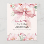 赤面ピンクボウ花模様クリーム誕生日の招待状 (正面)