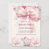 赤面ピンクボウ花模様クリーム誕生日 招待状 (正面)