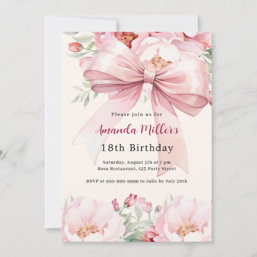 赤面ピンクボウ花模様クリーム誕生日 招待状 (正面)