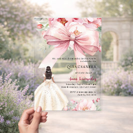 赤面ピンクボウ花模様ドレスキンセアニェラ 澄ん アクリル招待状