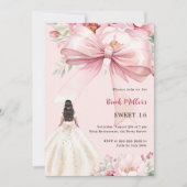 赤面ピンクボウ花模様ドレスSweet 16 招待状 (正面)