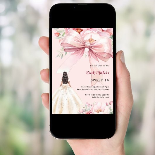 赤面ピンクボウ花模様ドレスSweet 16 招待状