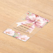 赤面ピンクボウ花模様澄ん誕生日 アクリル招待状 (レイダウン)