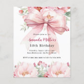 赤面ピンクボウ花模様誕生日の招待 (正面)