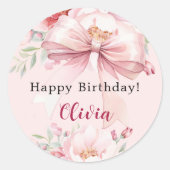 赤面ピンクボウ花模様誕生日 ラウンドシール (正面)