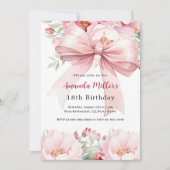 赤面ピンクボウ花模様誕生日 招待状 (正面)