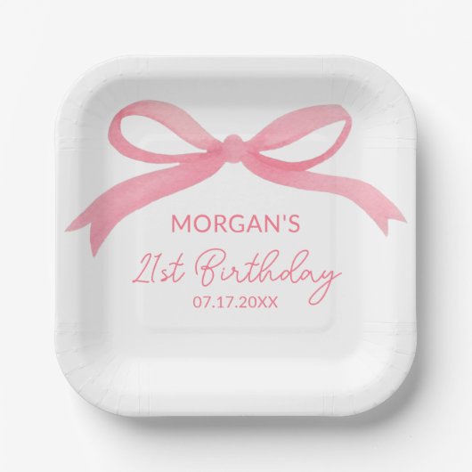 赤面ピンクボウ誕生日パーティーかわいい名前 ペーパープレート (正面)