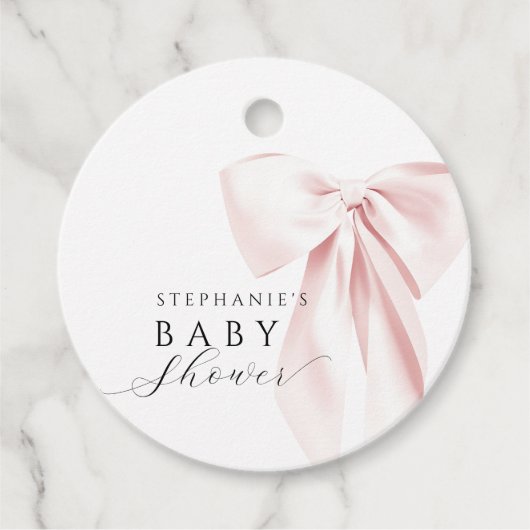 赤面ピンクボウ赤ちゃんシャワー丸いメッセージカード フェイバータグ (正面)