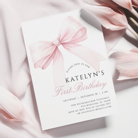 赤面ピンクボウ1st誕生日招待状 招待状