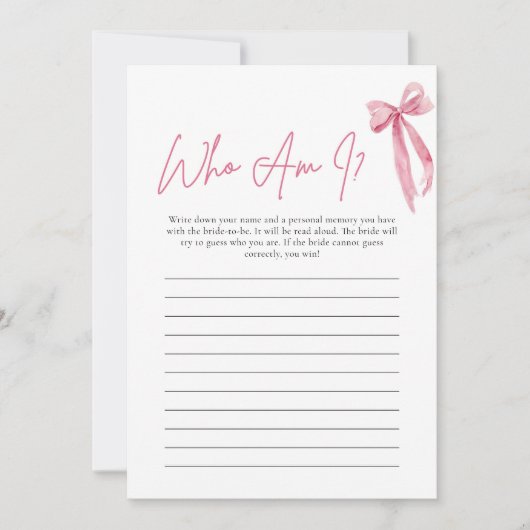 赤面ピンクボウWho Amブライダルシャワーゲームカード 招待状 (正面)