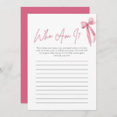 赤面ピンクボウWho Amブライダルシャワーゲームカード 招待状 (正面/裏面)