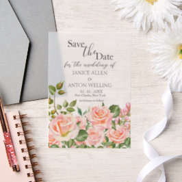 赤面ピンクボタニカルウェディング日付を保存 ベラム紙招待状