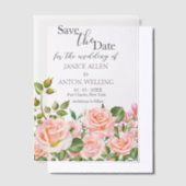赤面ピンクボタニカルウェディング日付を保存 ベラム紙招待状 (オフセット)