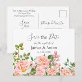 赤面ピンクボタニカルウェディング日付を保存 ポストカード (正面/裏面)