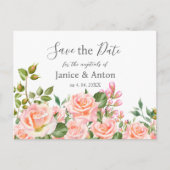 赤面ピンクボタニカルウェディング日付を保存 ポストカード (正面)