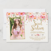 赤面ピンクボヘミアンフラワーズスウィート16誕生日 招待状 (正面)