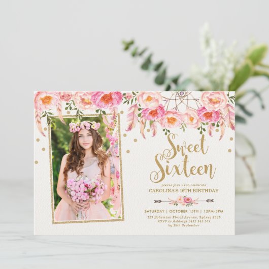 赤面ピンクボヘミアンフラワーズスウィート16誕生日 招待状 (スタンド正面)