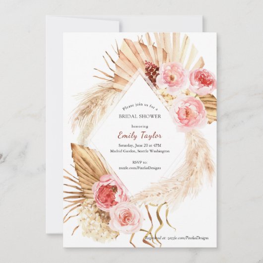 赤面ピンクボホパンパスウォーターカラーフローラブライダル 招待状 (正面)