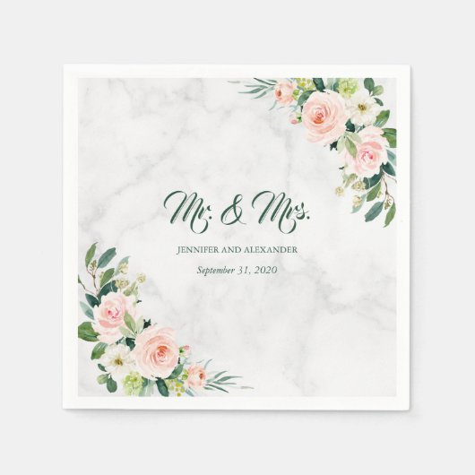 赤面ピンクボホ結婚ウォーターの色のMr.とMrs. スタンダードカクテルナプキン (正面)