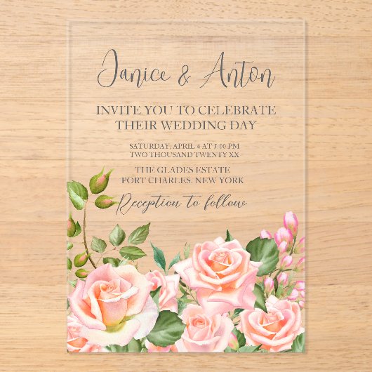 赤面ピンクボ結婚タニカル アクリル招待状 (正面)