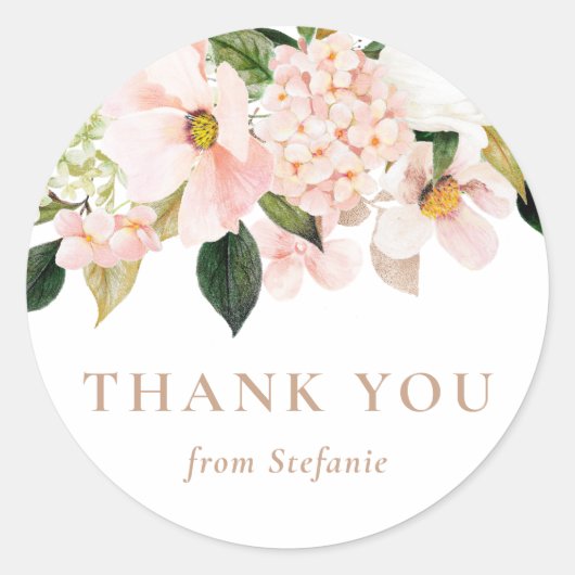 赤面ピンクマグノリアとアジサイありがとう ラウンドシール (正面)