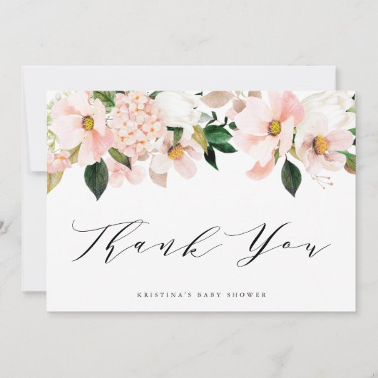 赤面ピンクマグノリアとアジサイ赤ちゃんシャワー サンキューカード (正面)