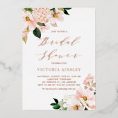 赤面ピンクマグノリアスバラゴールドフォイルブライダルシャワー 箔招待状 (正面)