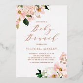 赤面ピンクマグノリアスバラゴールドフォイルベビーシャワー 箔招待状 (正面)