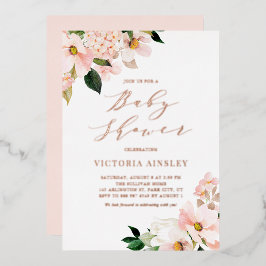 赤面ピンクマグノリアスバラ金ゴールドベビーシャワー 箔招待状