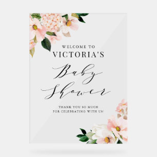 赤面ピンクマグノリアスフローラベビーシャワーウェルカム アクリルサイン