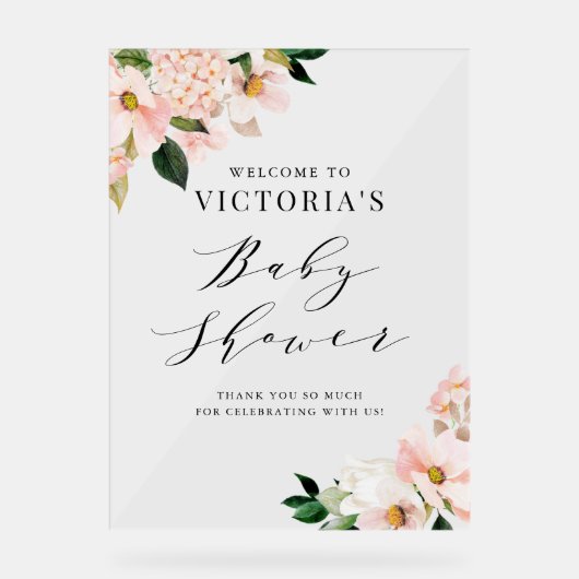 赤面ピンクマグノリアスフローラベビーシャワーウェルカム アクリルサイン (正面)