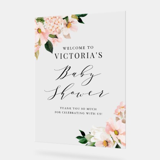赤面ピンクマグノリアスフローラベビーシャワーウェルカム アクリルサイン (傾斜)