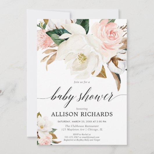 赤面ピンクマグノリアフローラ素朴な女の子の赤ちゃんシャワー 招待状 (正面)