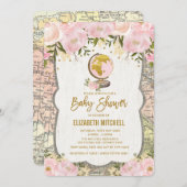 赤面ピンクマップベビーシャワー招待状旅行アドベンチャー 招待状 (正面/裏面)