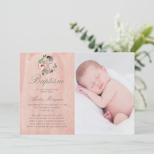 赤面ピンクマルサラフローラエレガント洗礼 招待状 (スタンド正面)