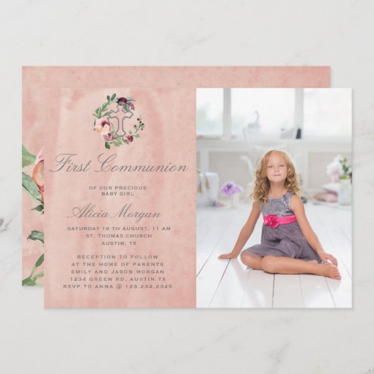 赤面ピンクマルサラフローラ第一聖体 招待状 (正面/裏面)