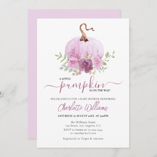 赤面ピンクマーブダスティリトルカンプキンベビーシャワー 招待状 (正面/裏面)