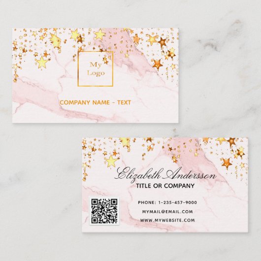 赤面ピンクマーブルスターズエレガントロゴQRコード 名刺 (正面/裏面)