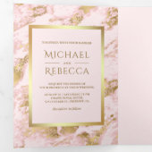 赤面ピンクマーブルフェイクゴールドフォイルフォト結婚ズ 三つ折り招待状 (内部最初)