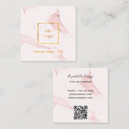 赤面ピンクマーブル金ゴールドエレガントロゴQRコード スクエア名刺 (正面/裏面)