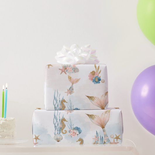 赤面ピンクマーメイドテールベイビーシャワー ラッピングペーパー (パーティーギフト)