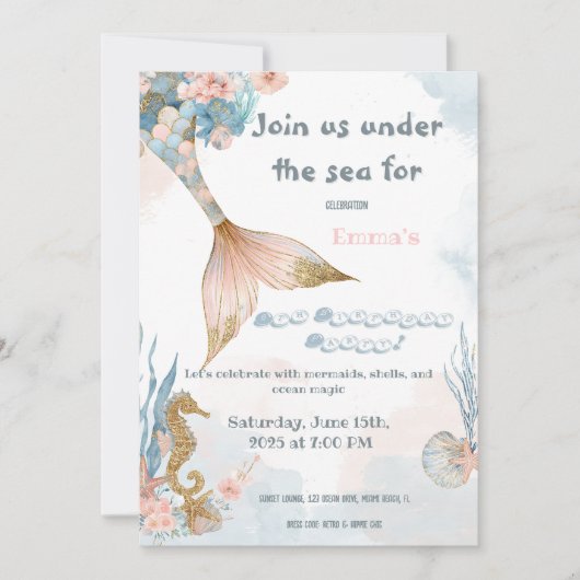 赤面ピンクマーメイドテール誕生日 招待状 (正面)