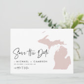 赤面ピンクミシガンマップモダンミニマリストスクリプト セーブザデート (スタンド正面)