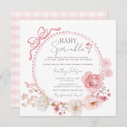 赤面ピンクミニマリストコケットベビー散布機 招待状 (正面/裏面)