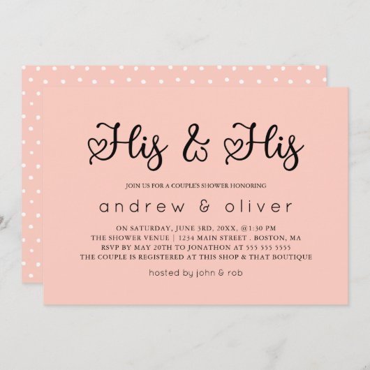 赤面ピンクミニマリスト彼と彼のカップルのシャワー 招待状 (正面/裏面)