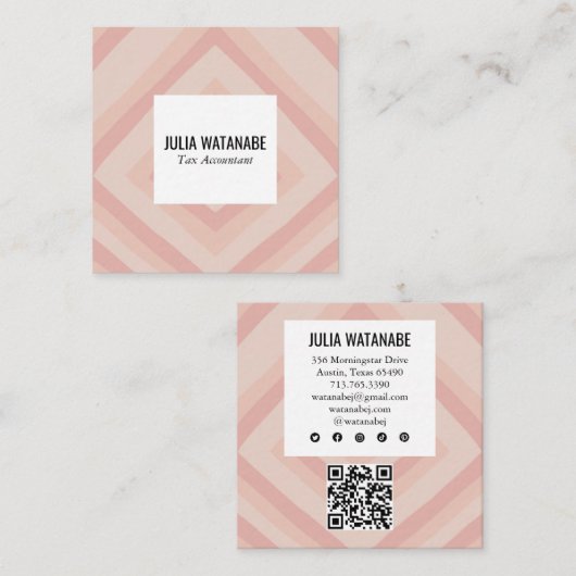 赤面ピンクミニマルストライプリストQRソーシャルメディア スクエア名刺 (正面/裏面)