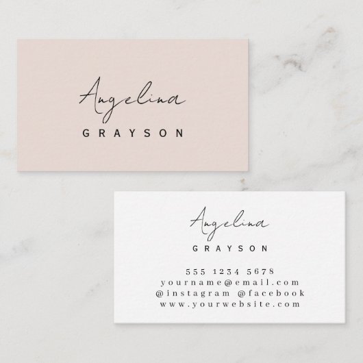 赤面ピンクミニマルフェミニンリスト手書きスクリプト 名刺 (正面/裏面)